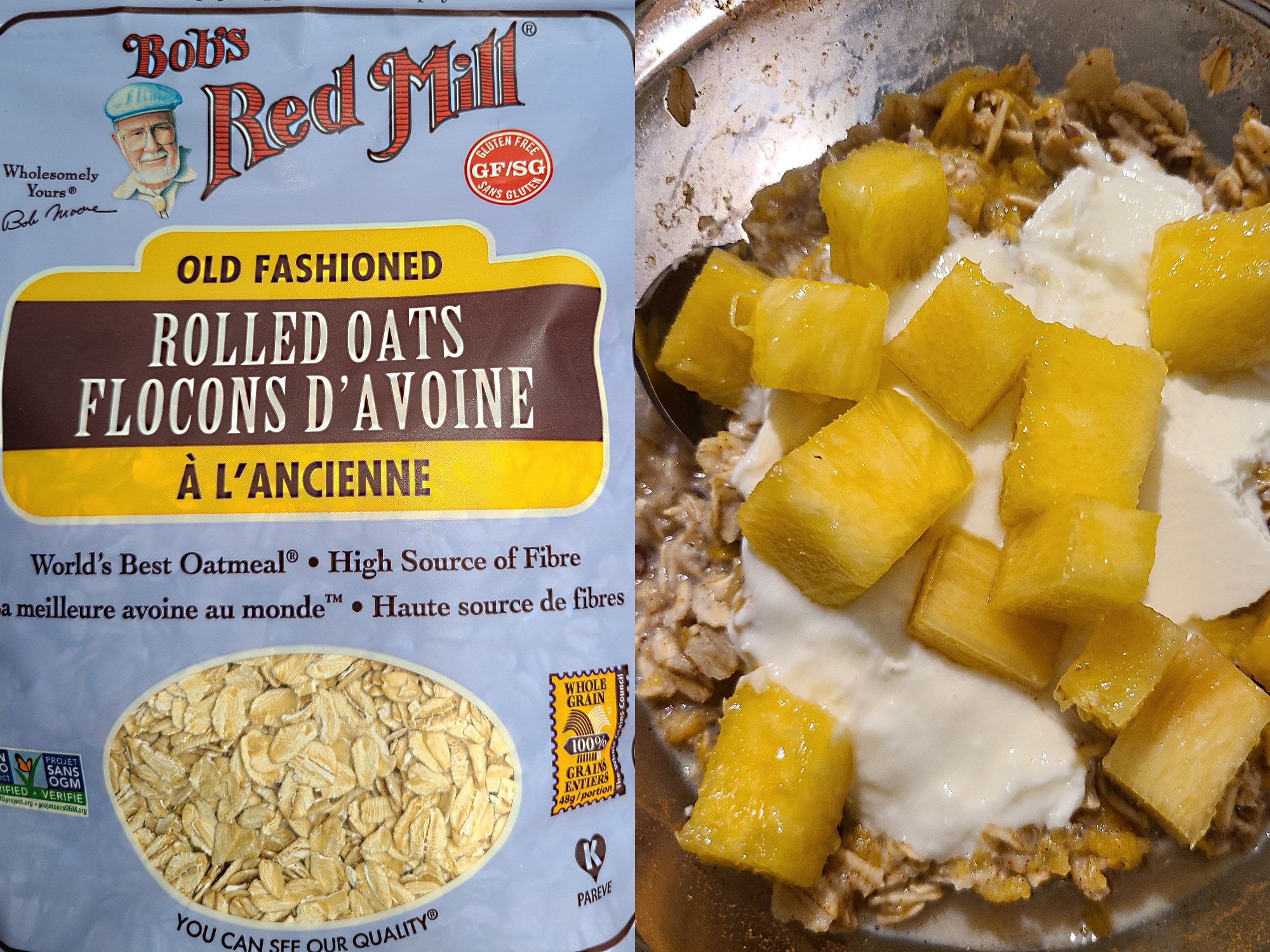 Bob's Red Mill rolled oats for breakfast - oatmeal breakfast with fruits and yogurt.